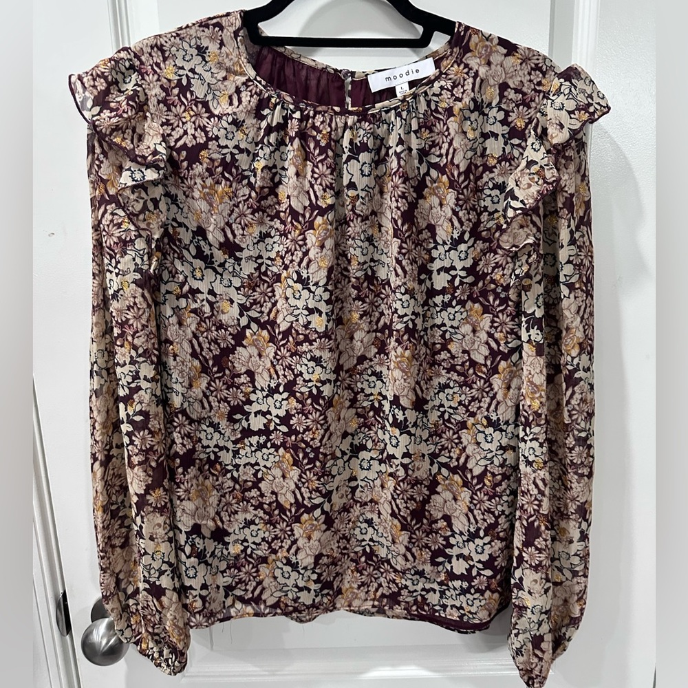 Moodie Tan & Burgundy Floral Blouse - Size Large